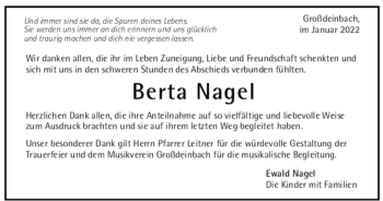 Todesanzeige von Berta Nagel von Trauer.de