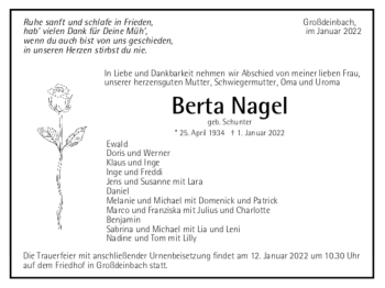 Todesanzeige von Berta Nagel von trauer.de