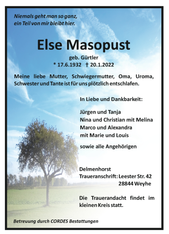 Todesanzeige von Else Masopust von trauer.de