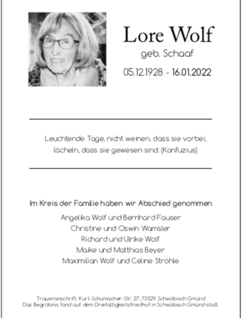 Todesanzeige von Wolf Lore von Trauer.de