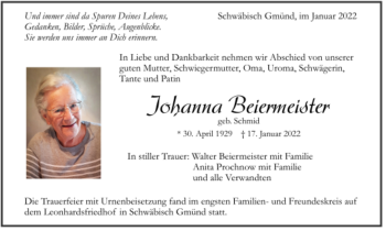 Todesanzeige von Johanna Beiermeister von Trauer.de