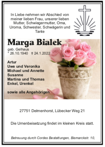 Todesanzeige von Marga Bialek von trauer.de