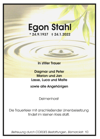 Todesanzeige von Egon Stahl von Trauer.de