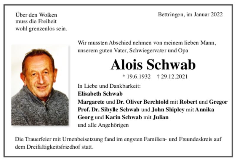  Traueranzeige für Alois Schwab vom 12.01.2022 aus trauer.de