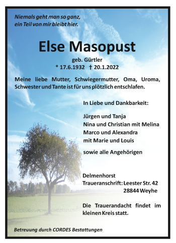 Todesanzeige von Else Masopust 