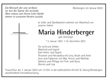 Todesanzeige von Maria Hinderberger von trauer.de