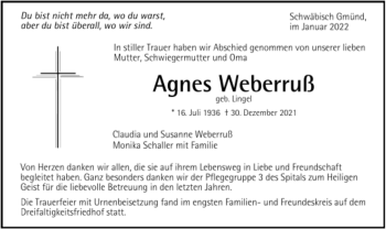 Todesanzeige von Agnes Weberruß von Trauer.de