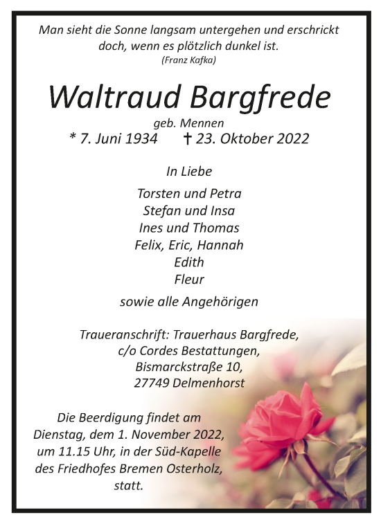 Todesanzeige von Waltraud Bargfrede von trauer.de