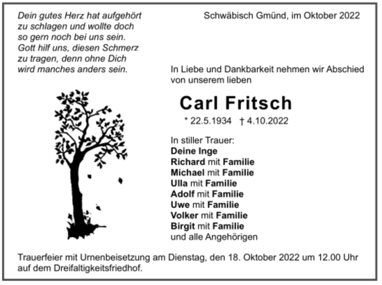 Todesanzeige von Carl Fritsch von Trauer.de