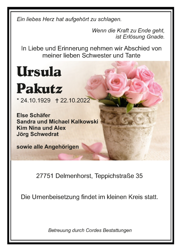  Traueranzeige für Ursula Pakutz vom 30.10.2022 aus trauer.de