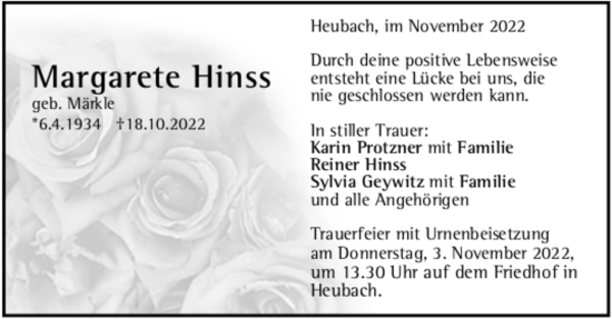 Todesanzeige von Margarete Hinss von trauer.de