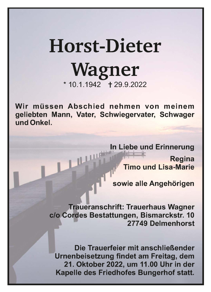 Traueranzeige für Horst-Dieter Wagner vom 01.10.2022 aus 