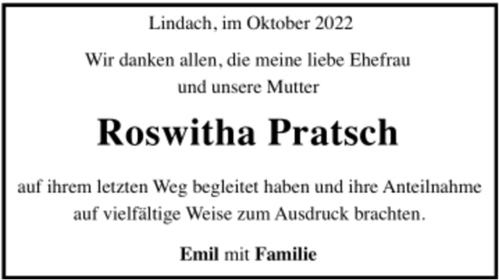 Todesanzeige von Roswitha Pratsch von Trauer.de