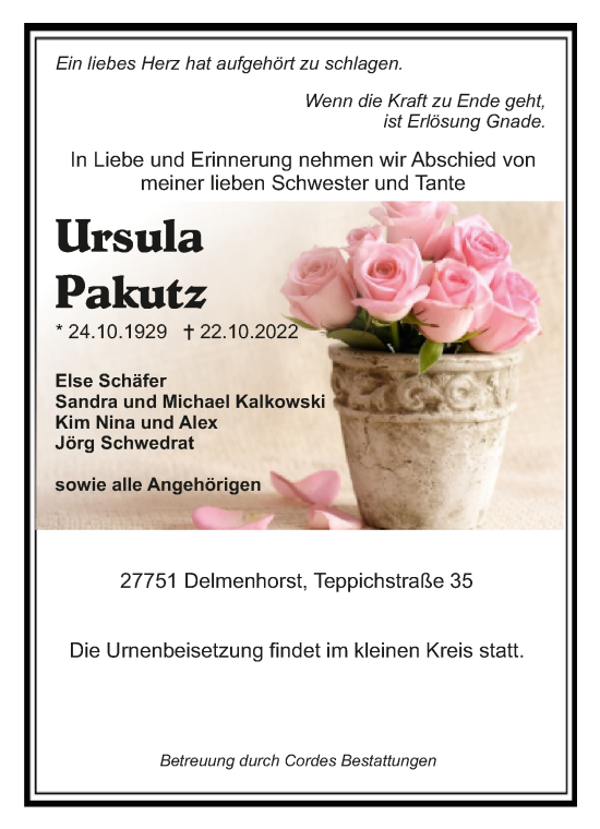 Todesanzeige von Ursula Pakutz von trauer.de