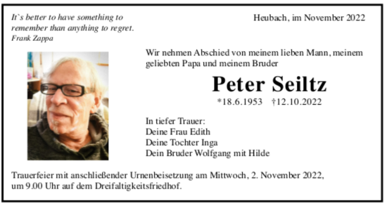 Todesanzeige von Peter Seiltz von trauer.de