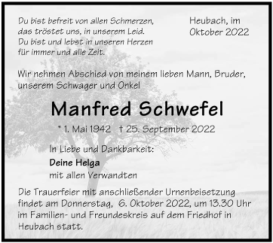 Todesanzeige von Manfred Schwefel von trauer.de