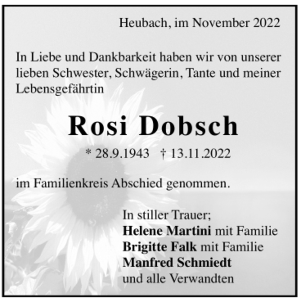  Traueranzeige für Rosi Dobsch vom 26.11.2022 aus trauer.de