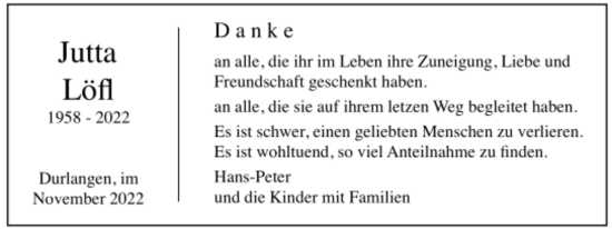 Todesanzeige von Jutta Löfl von trauer.de