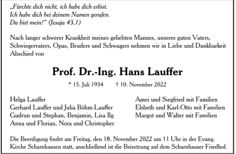  Traueranzeige für Hans Lauffer vom 16.11.2022 aus trauer.de