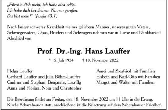 Todesanzeige von Hans Lauffer von trauer.de
