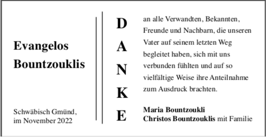 Todesanzeige von Evangelos Bountzouklis von trauer.de