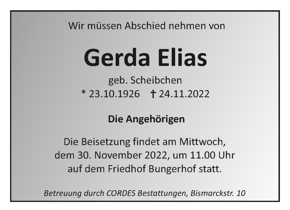  Traueranzeige für Gerda Elias vom 26.11.2022 aus trauer.de