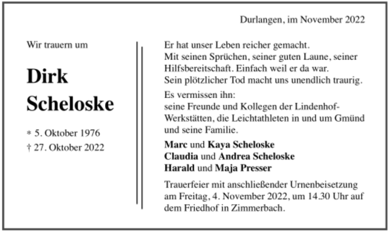 Todesanzeige von Dirk Scheloske von trauer.de