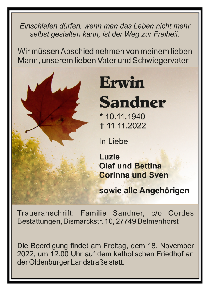  Traueranzeige für Erwin Sandner vom 16.11.2022 aus trauer.de