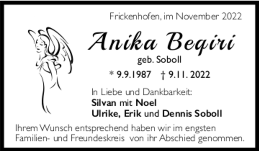  Traueranzeige für Anika Beqiri vom 19.11.2022 aus trauer.de