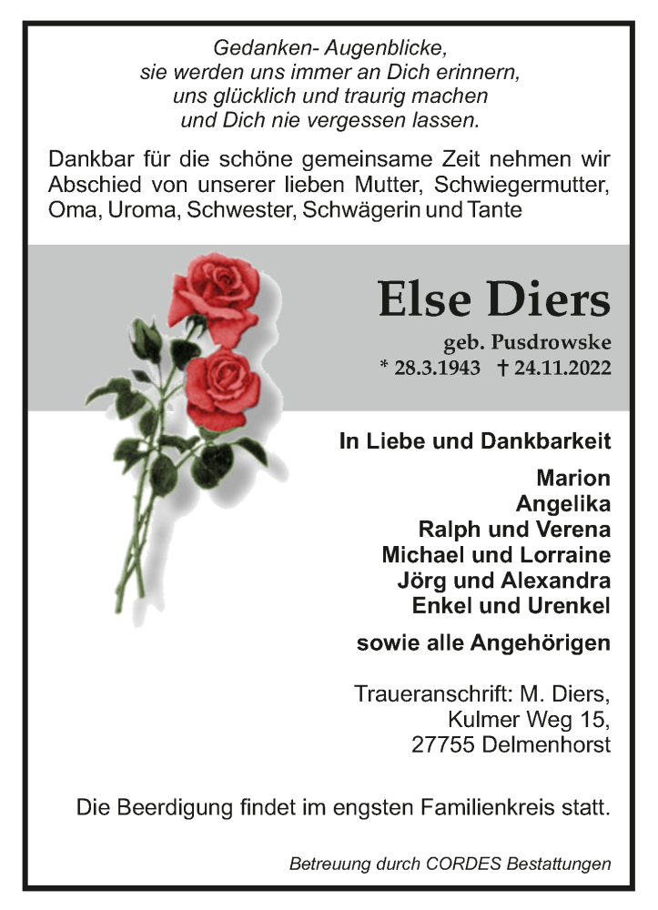 Traueranzeige für Else Diers vom 29.11.2022 aus trauer.de