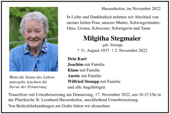 Todesanzeige von Milgitha Stegmaier von trauer.de