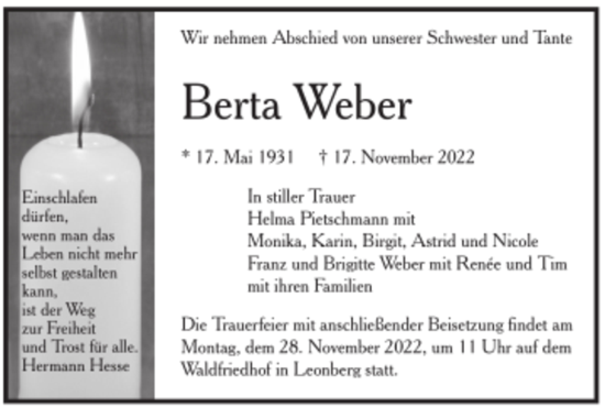 Todesanzeige von Berta Weber von trauer.de