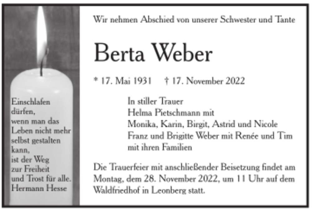  Traueranzeige für Berta Weber vom 26.11.2022 aus trauer.de