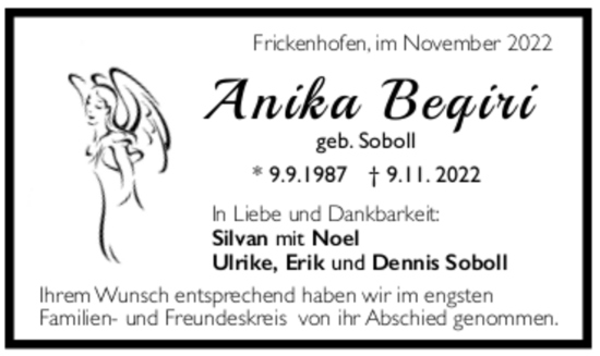 Todesanzeige von Anika Beqiri 