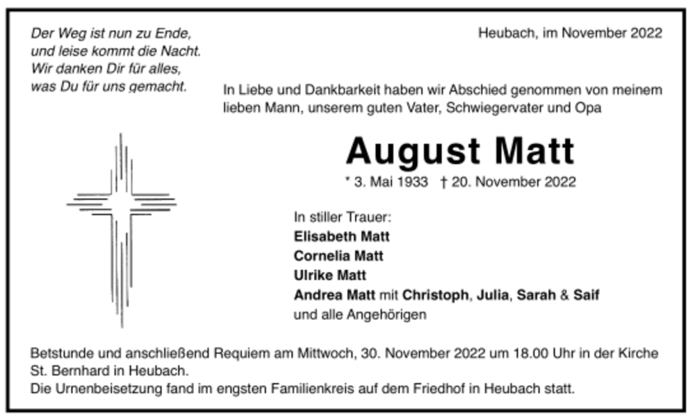  Traueranzeige für August Matt vom 28.11.2022 aus trauer.de