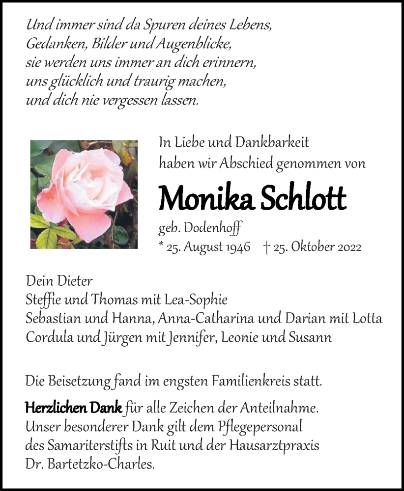  Traueranzeige für Monika Schlott vom 12.11.2022 aus trauer.de