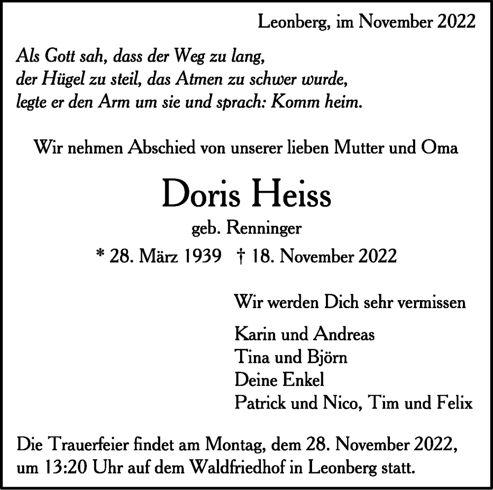  Traueranzeige für Doris Heiss vom 24.11.2022 aus trauer.de