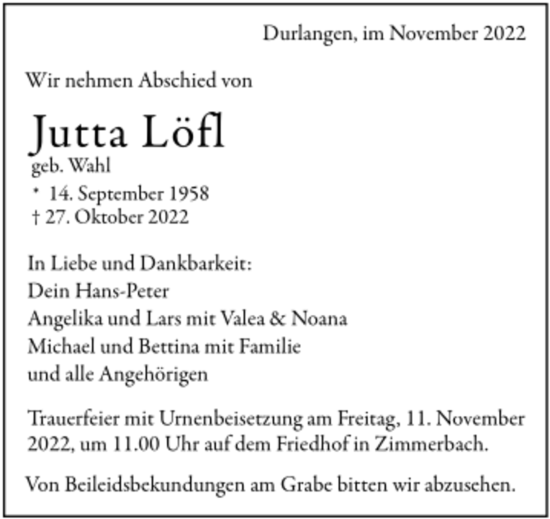 Todesanzeige von Jutta Löfl von trauer.de