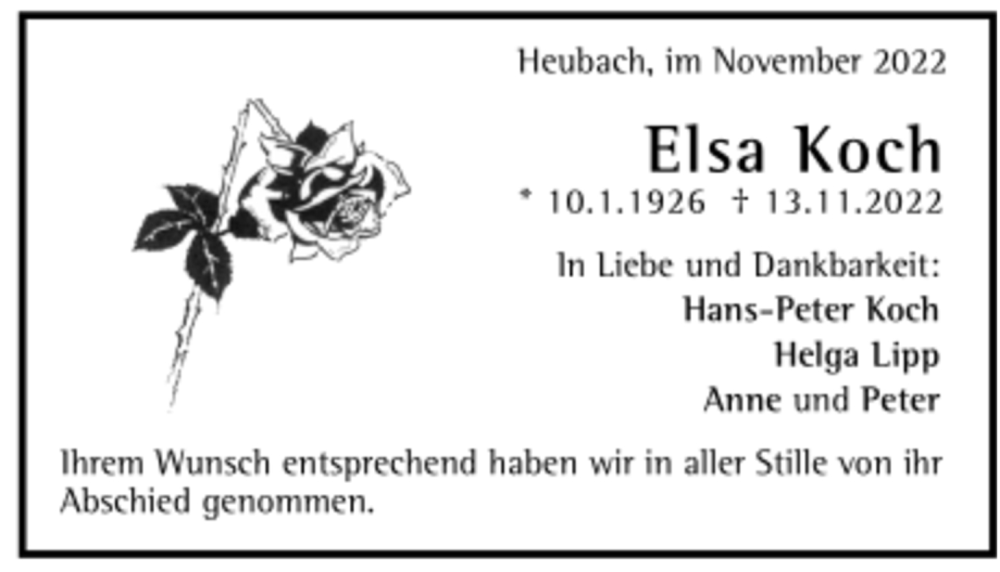  Traueranzeige für Elsa Koch vom 29.11.2022 aus trauer.de