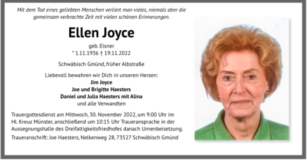 Traueranzeige für Ellen Joyce vom 26.11.2022 aus trauer.de