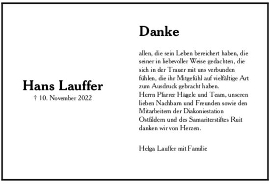 Todesanzeige von Hans Lauffer von trauer.de