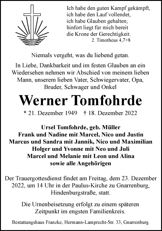 Todesanzeige von Werner Tomfohrde von trauer.de