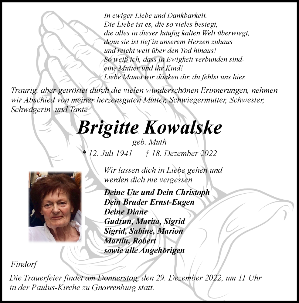  Traueranzeige für Brigitte Kowalske vom 24.12.2022 aus Trauer.de