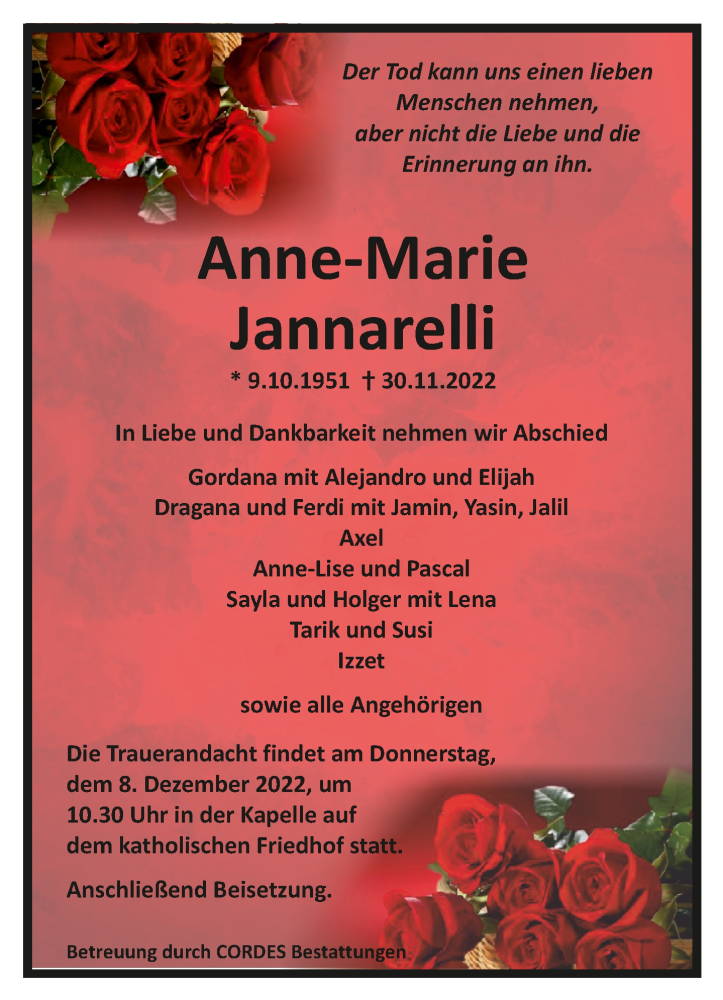  Traueranzeige für Anne-Marie Jannarelli vom 04.12.2022 aus trauer.de