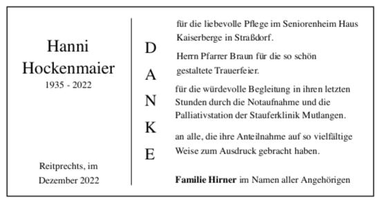 Todesanzeige von Hanni Hockemaier von Trauer.de