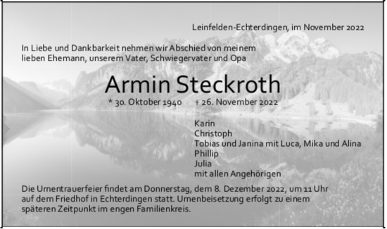 Todesanzeige von Armin Steckroth von trauer.de