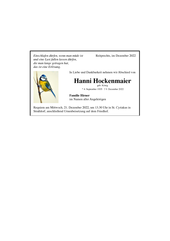 Todesanzeige von Johanna Hockenmaier 