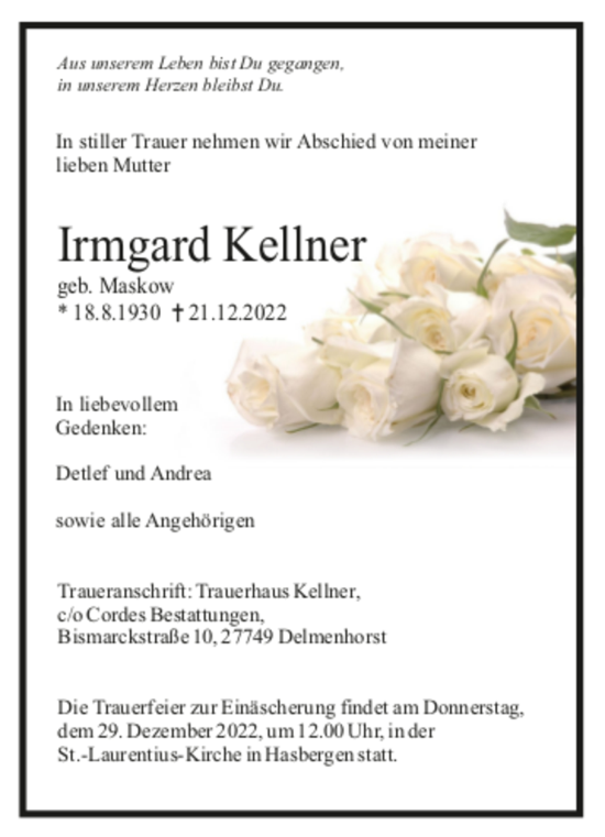 Todesanzeige von Irmgard Kellner von Trauer.de