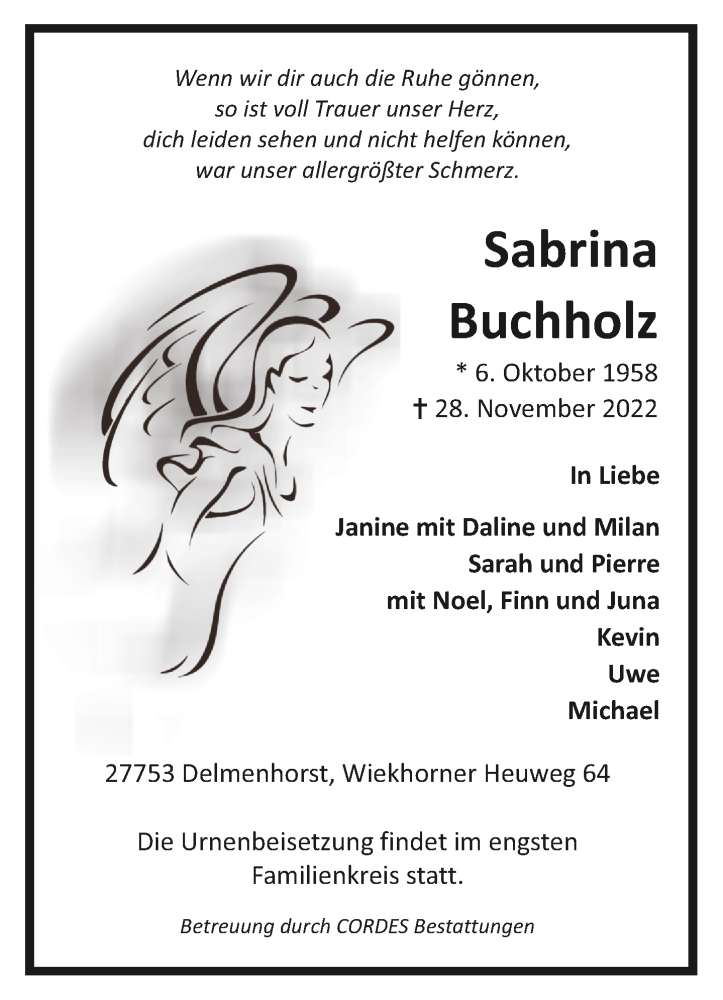  Traueranzeige für Sabrina Buchholz vom 04.12.2022 aus trauer.de