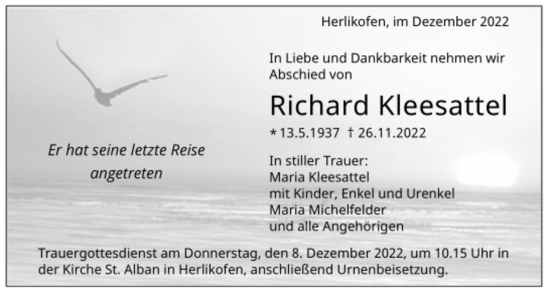 Todesanzeige von Richard Kleesattel von trauer.de